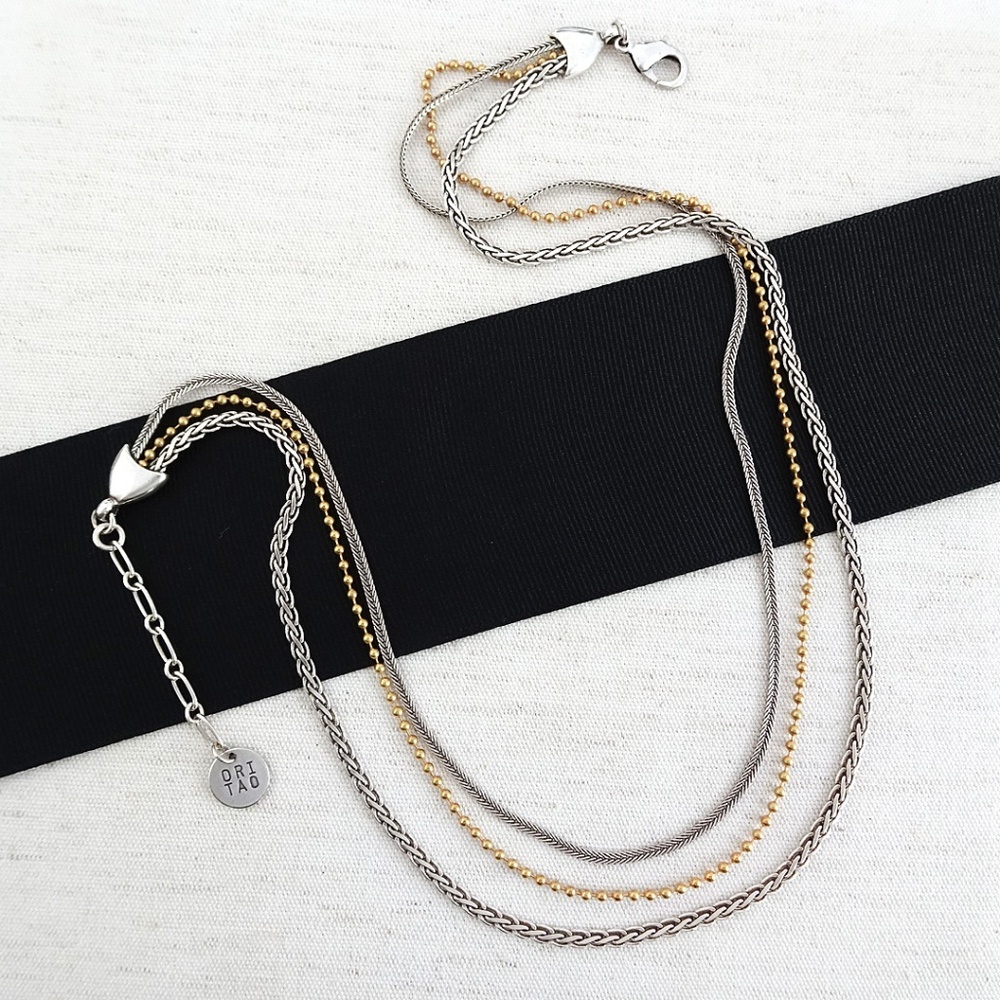Triple Chain Two-Tone Necklace, Mixed Metal Textures, NWT